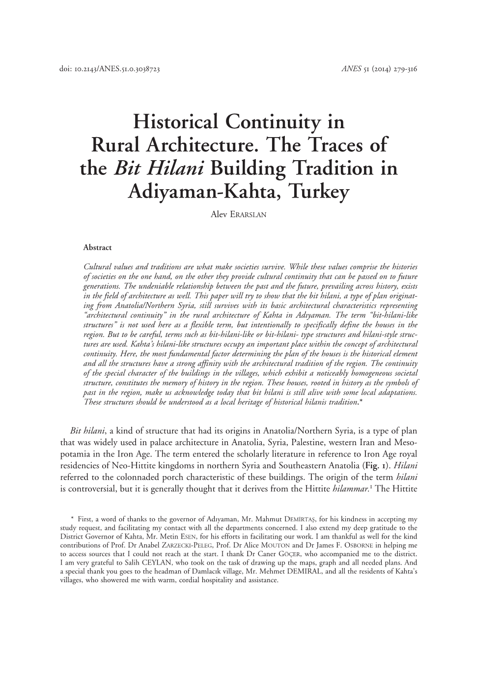 Historical Continuity in Rural Architecture. the Traces of the Bit Hilani Building Tradition in Adiyaman-Kahta, Turkey Alev ERARSLAN