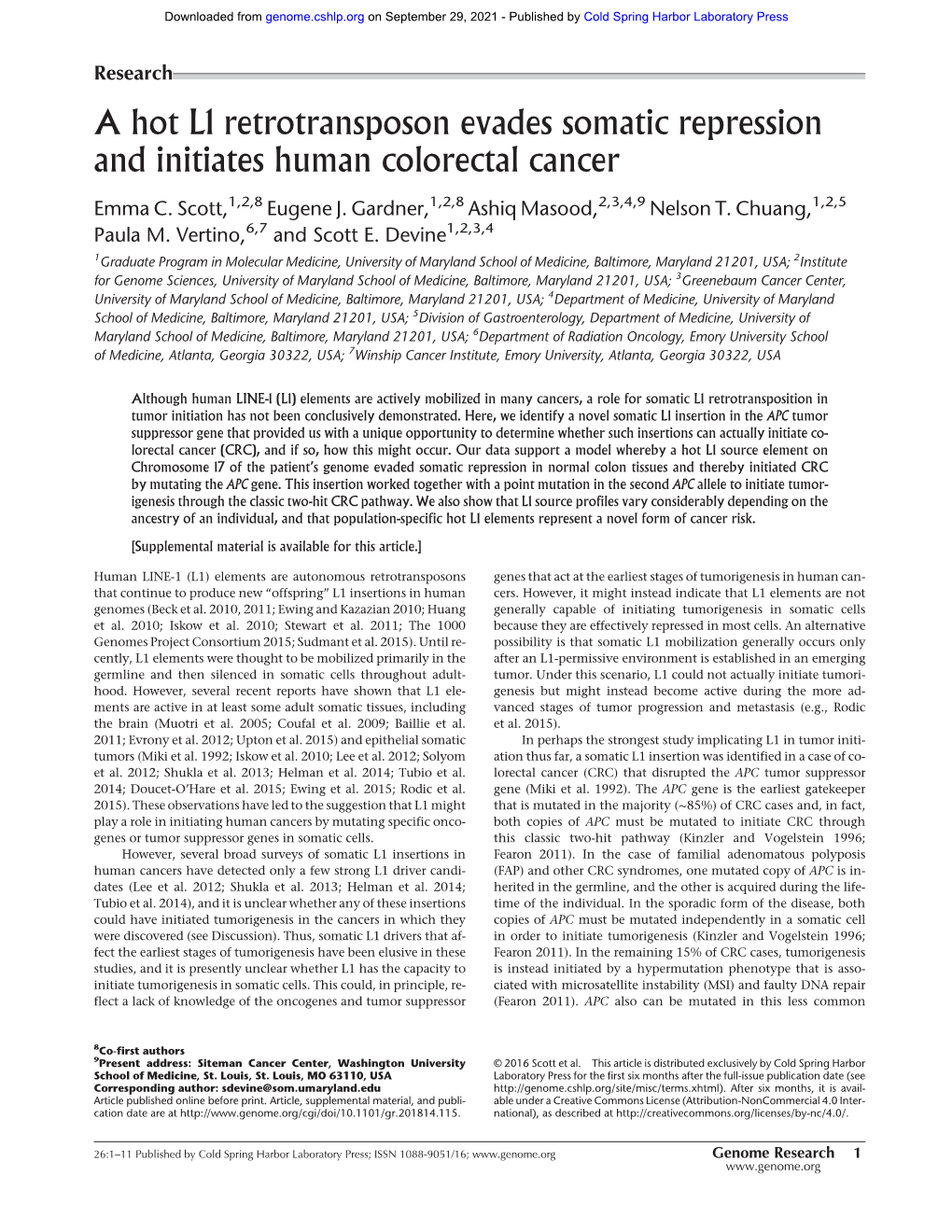 A Hot L1 Retrotransposon Evades Somatic Repression and Initiates Human Colorectal Cancer