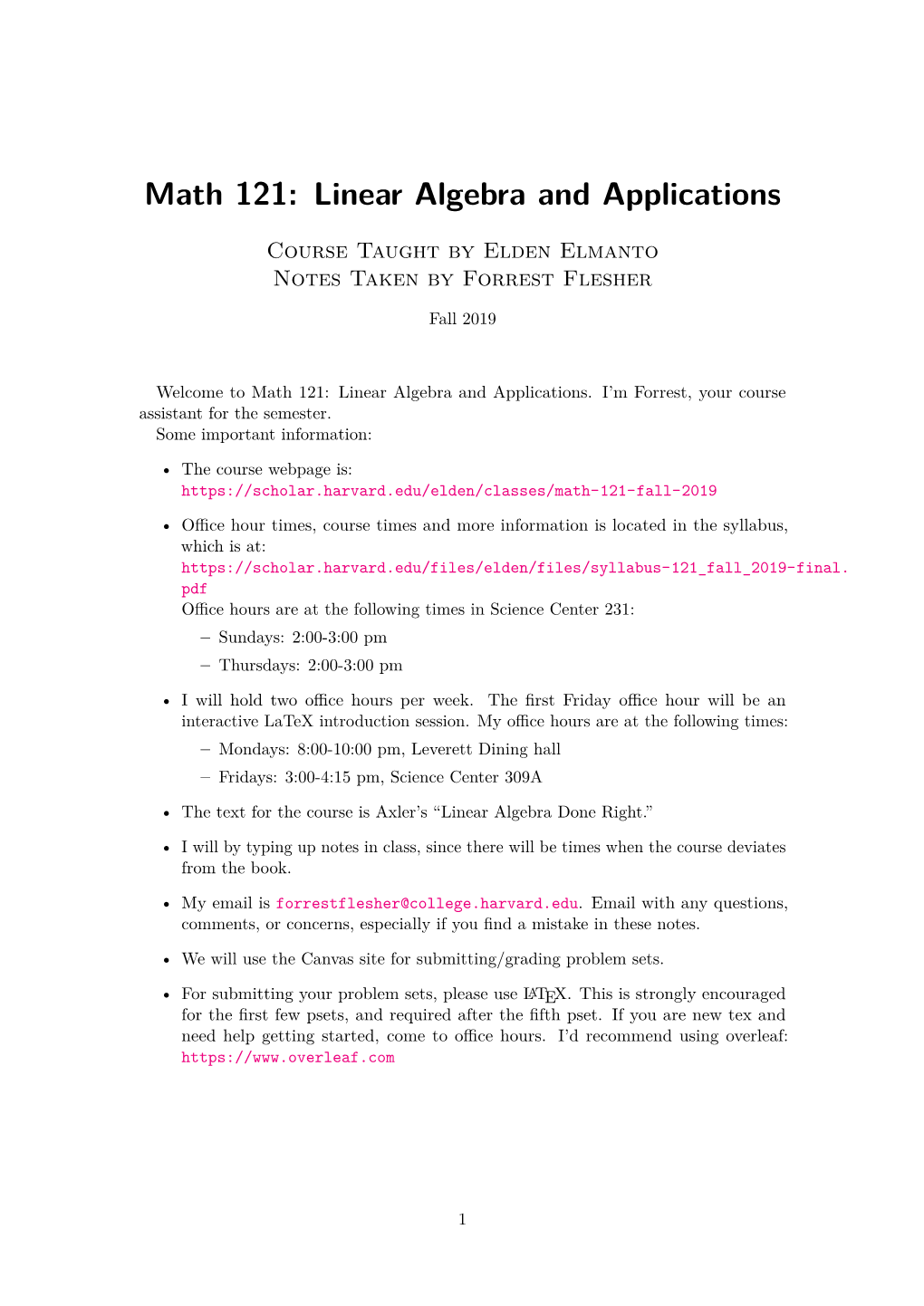 Math 121: Linear Algebra and Applications