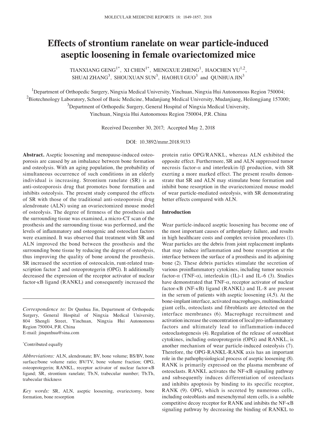 Effects of Strontium Ranelate on Wear Particle‑Induced Aseptic Loosening in Female Ovariectomized Mice