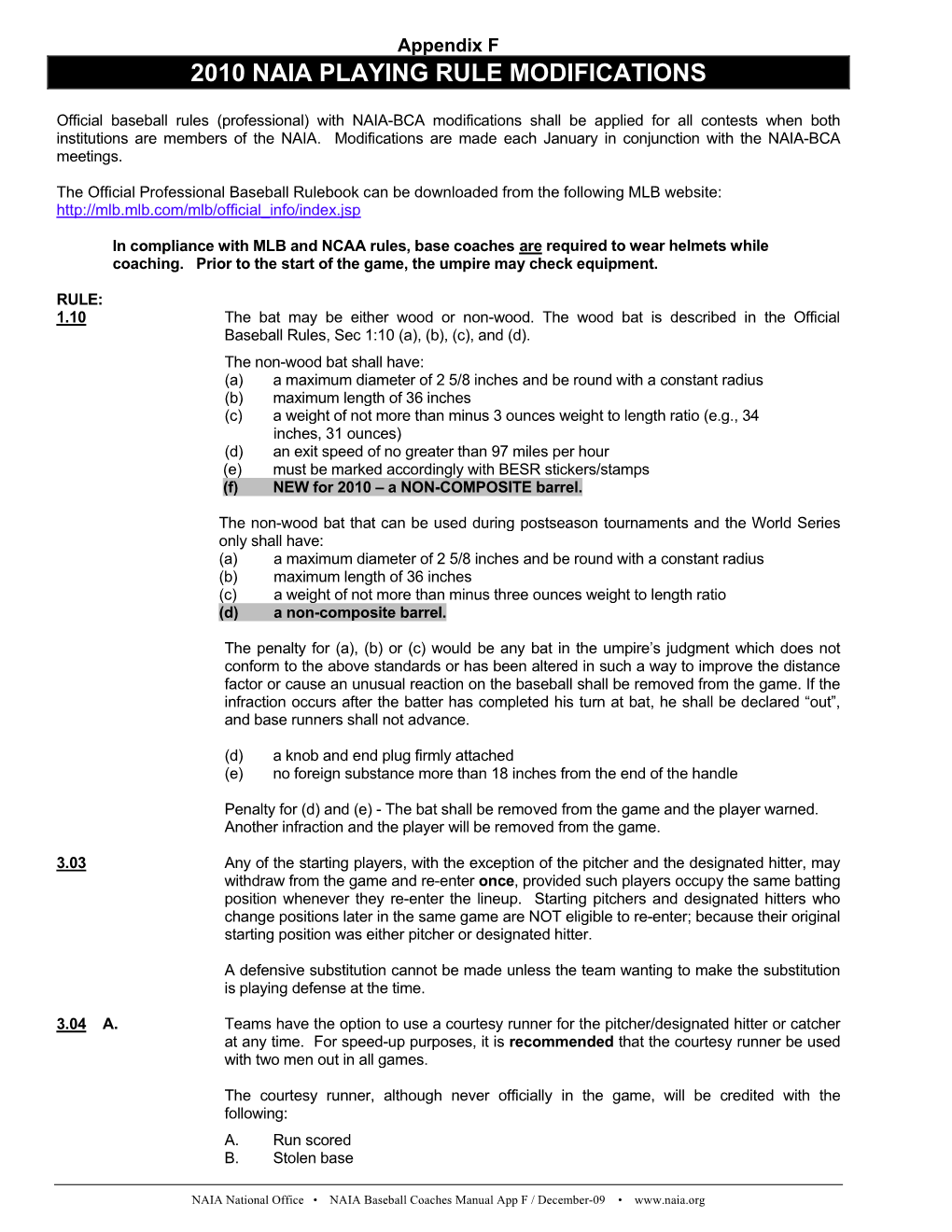 2010 Naia Playing Rule Modifications