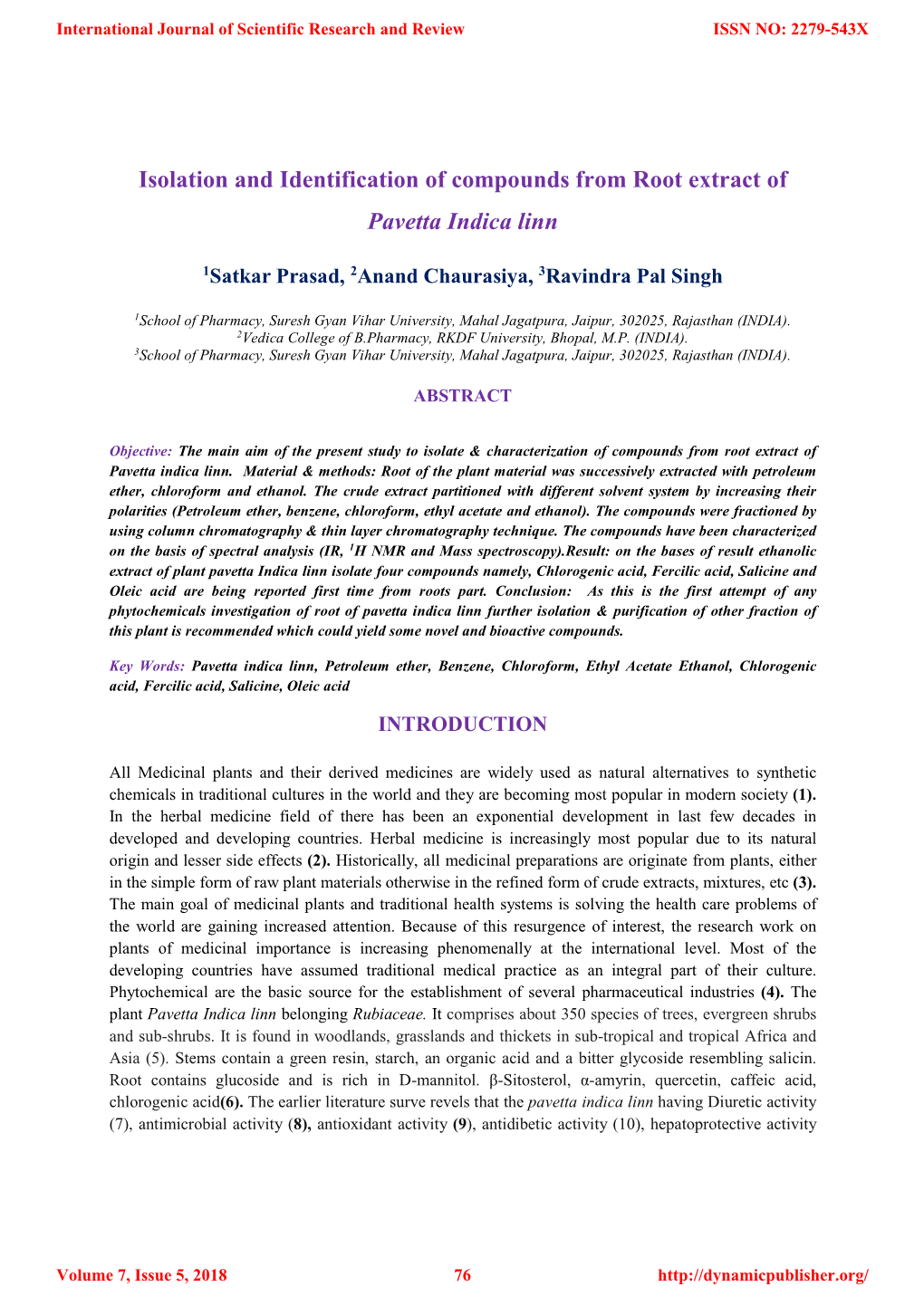 Isolation and Identification of Compounds from Root Extract of Pavetta Indica Linn