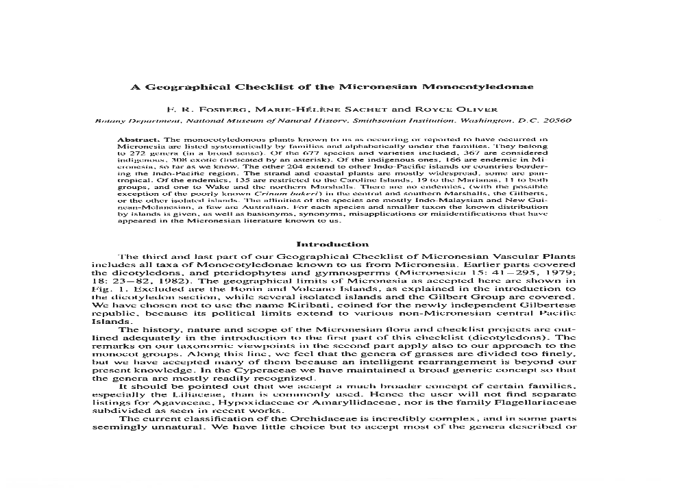 A Geographical Checklist of the Micronesian Monocotyledonae