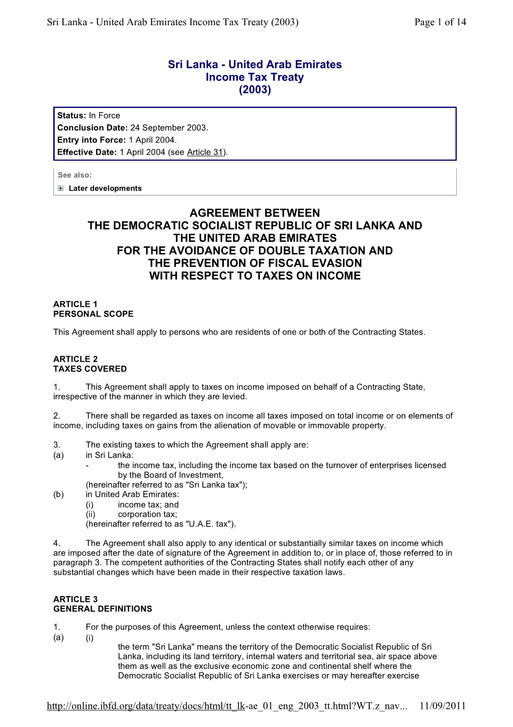 Sri Lanka - United Arab Emirates Income Tax Treaty (2003) Page 1 of 14