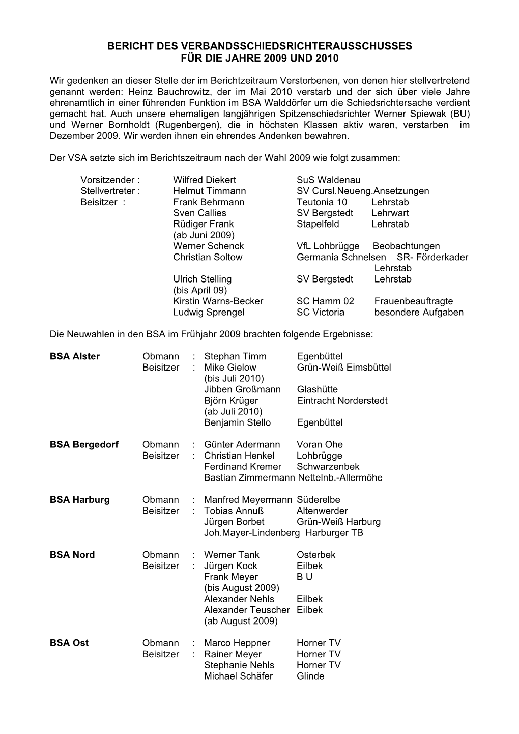 Bericht Des Verbandsschiedsrichterausschusses Für Die Jahre 2009 Und 2010
