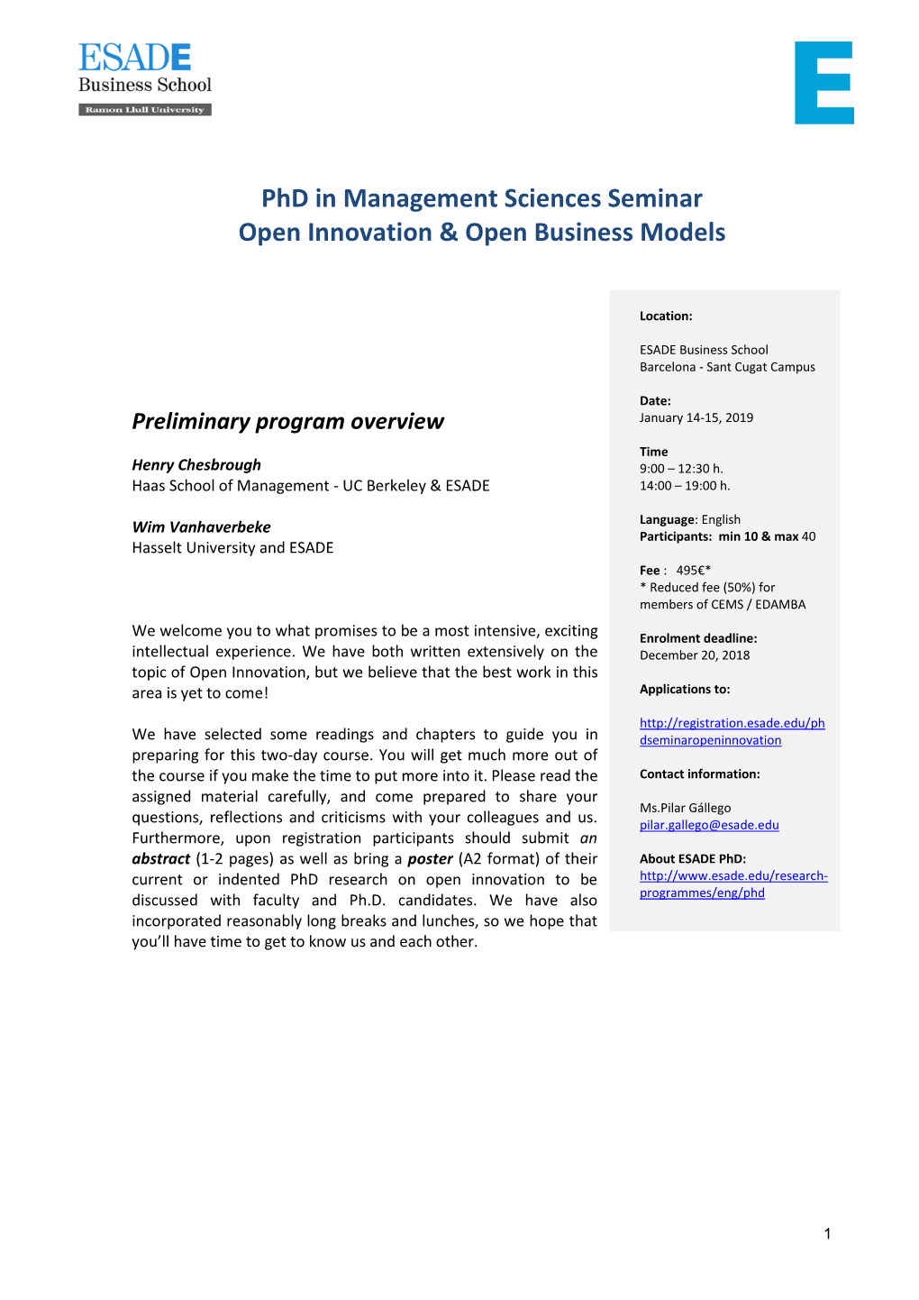 Phd in Management Sciences Seminar Open Innovation & Open Business Models