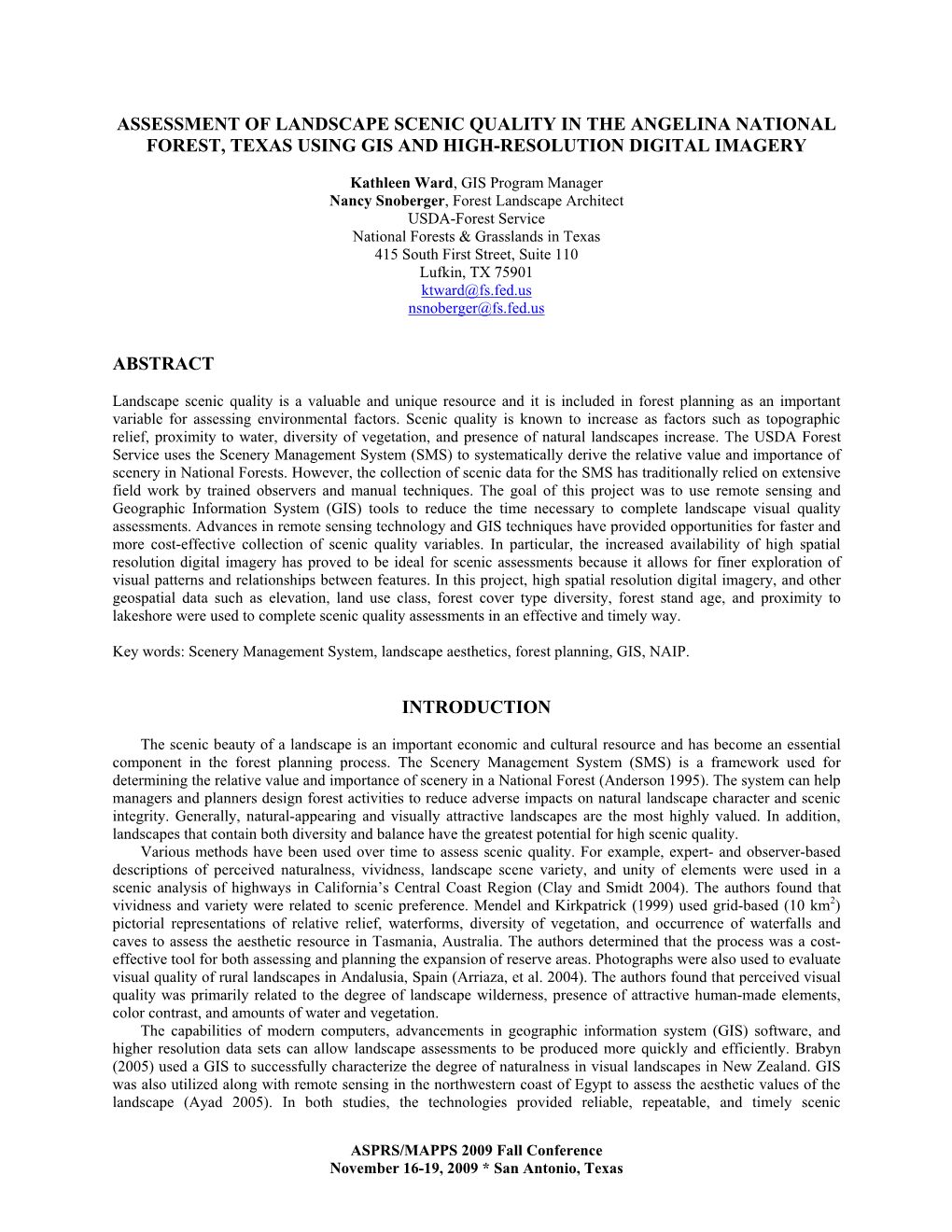 Assessment of Landscape Scenic Quality in the Angelina National Forest, Texas Using Gis and High-Resolution Digital Imagery