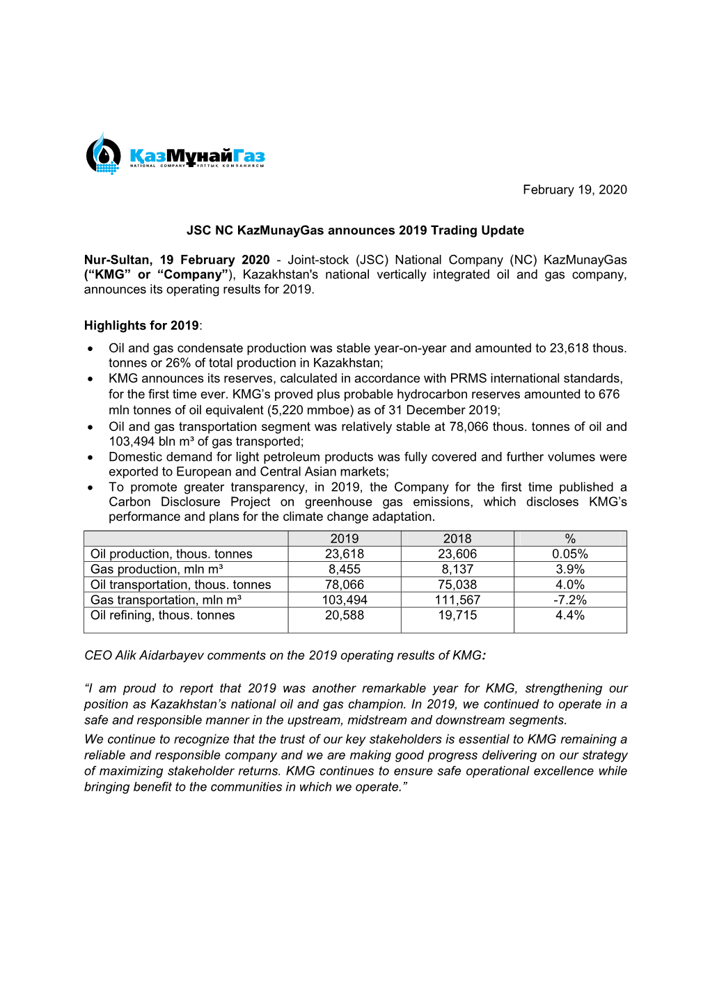 JSC NC Kazmunaygas Announces 2019 Trading Update