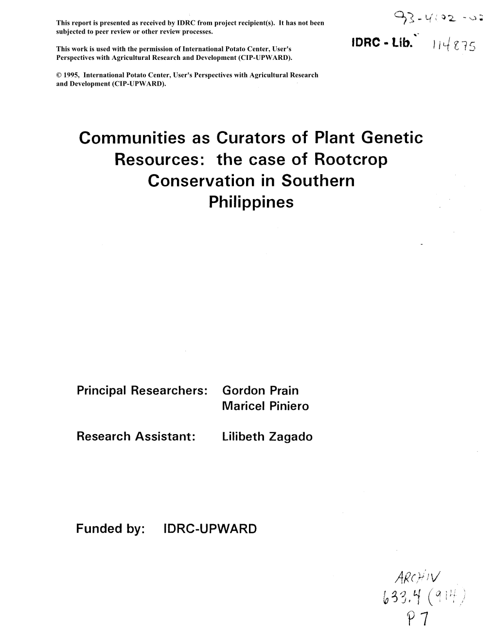 The Case of Rootcrop Conservation in Southern Philippines