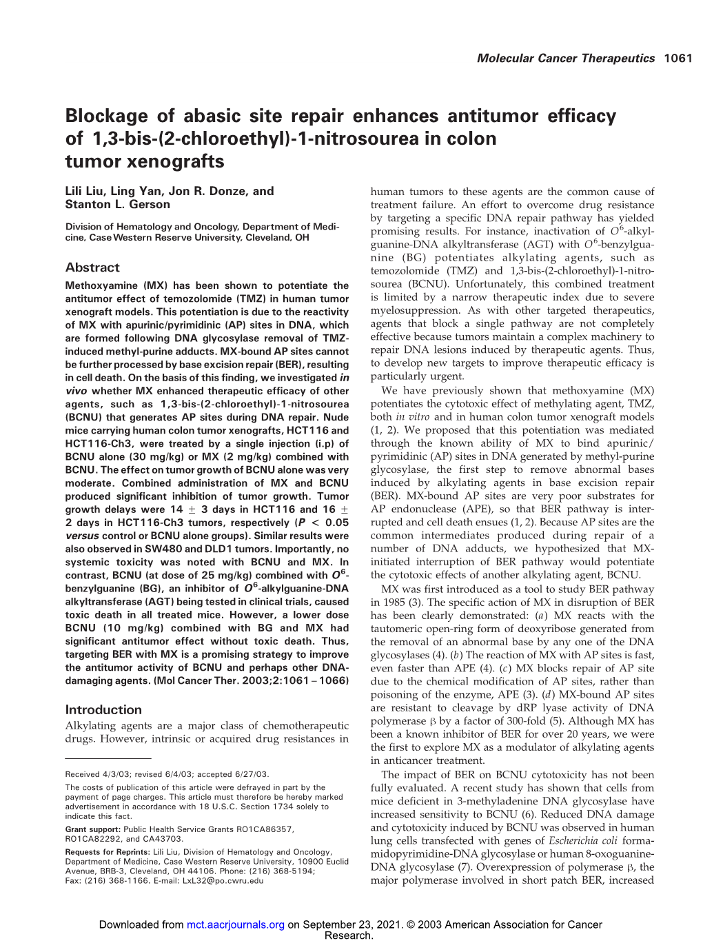 Blockage of Abasic Site Repair Enhances Antitumor Efficacy of 1,3-Bis-(2-Chloroethyl)-1-Nitrosourea in Colon Tumor Xenografts