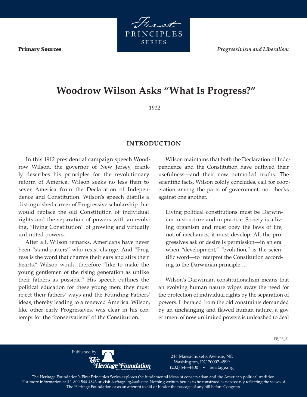 Woodrow Wilson Asks “What Is Progress?”