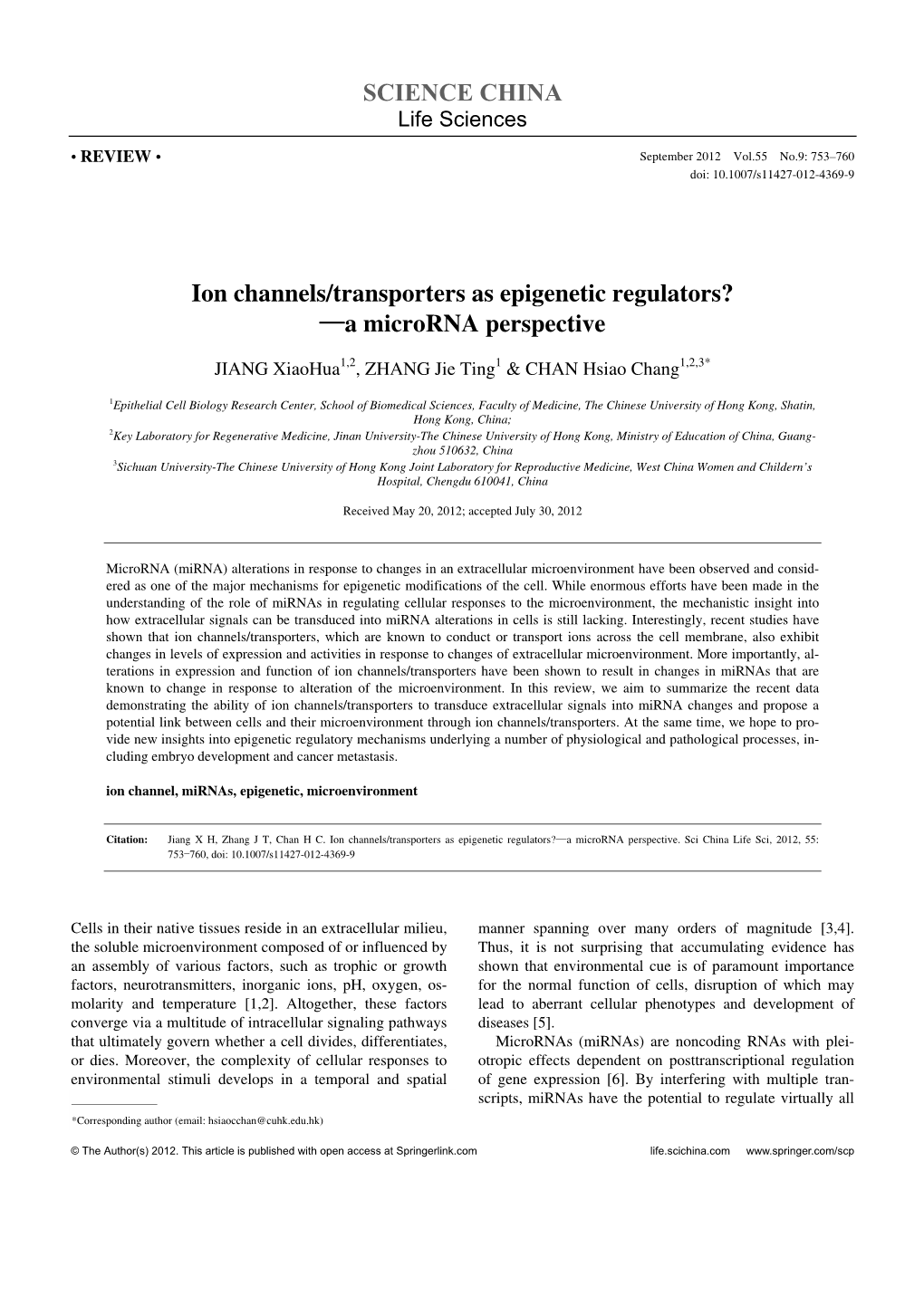 Ion Channels/Transporters As Epigenetic Regulators?—A Microrna Perspective