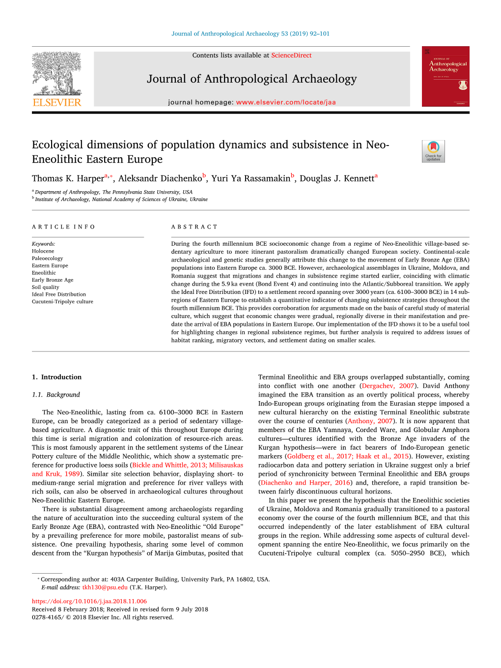 Ecological Dimensions of Population Dynamics and Subsistence in Neo- Eneolithic Eastern Europe T