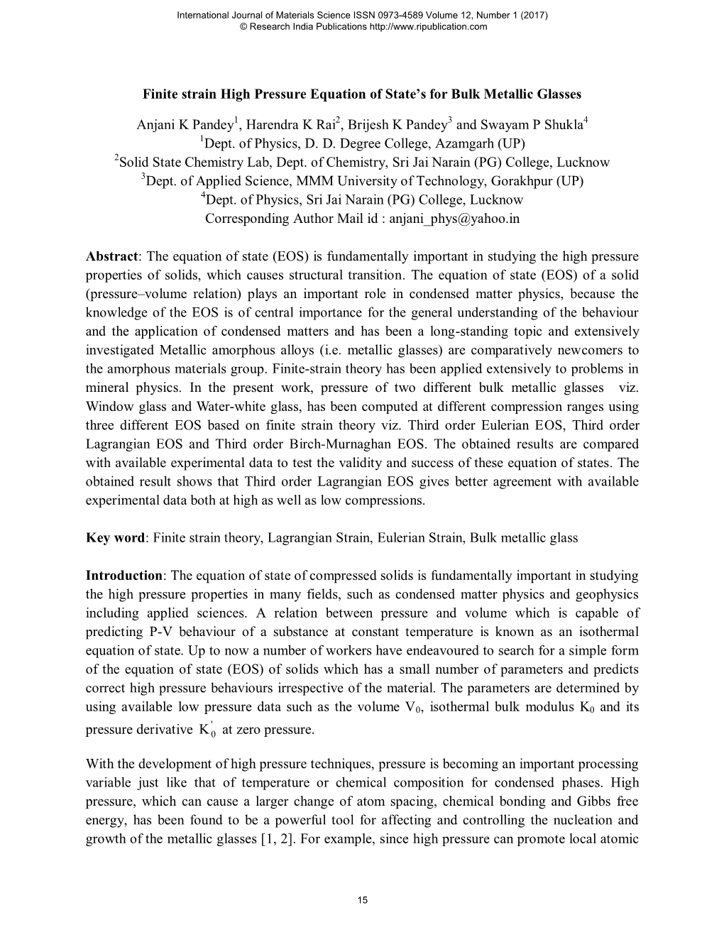 Finite Strain High Pressure Equation of State’S for Bulk Metallic Glasses