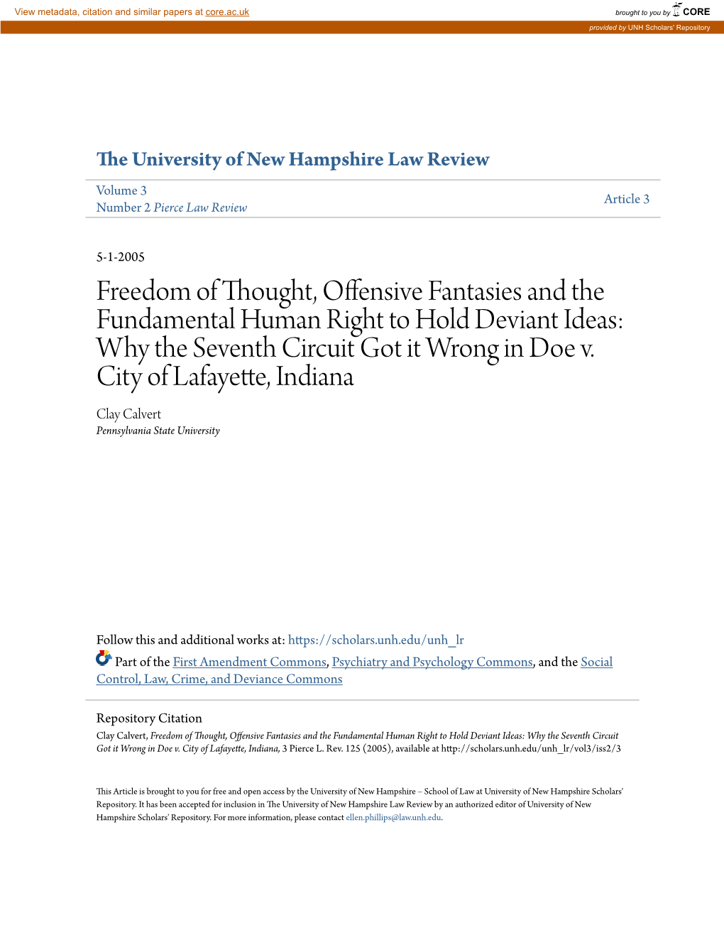 Freedom of Thought, Offensive Fantasies and the Fundamental Human Right to Hold Deviant Ideas: Why the Seventh Circuit Got It Wrong in Doe V