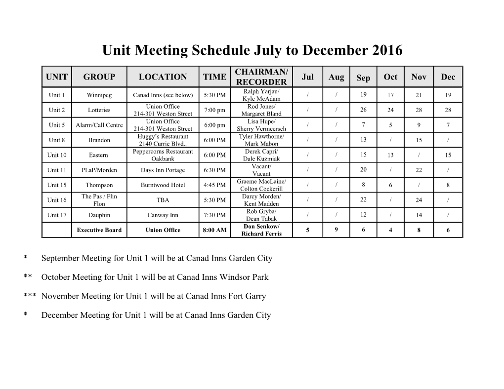 Unit Meeting Schedule July to December 2016