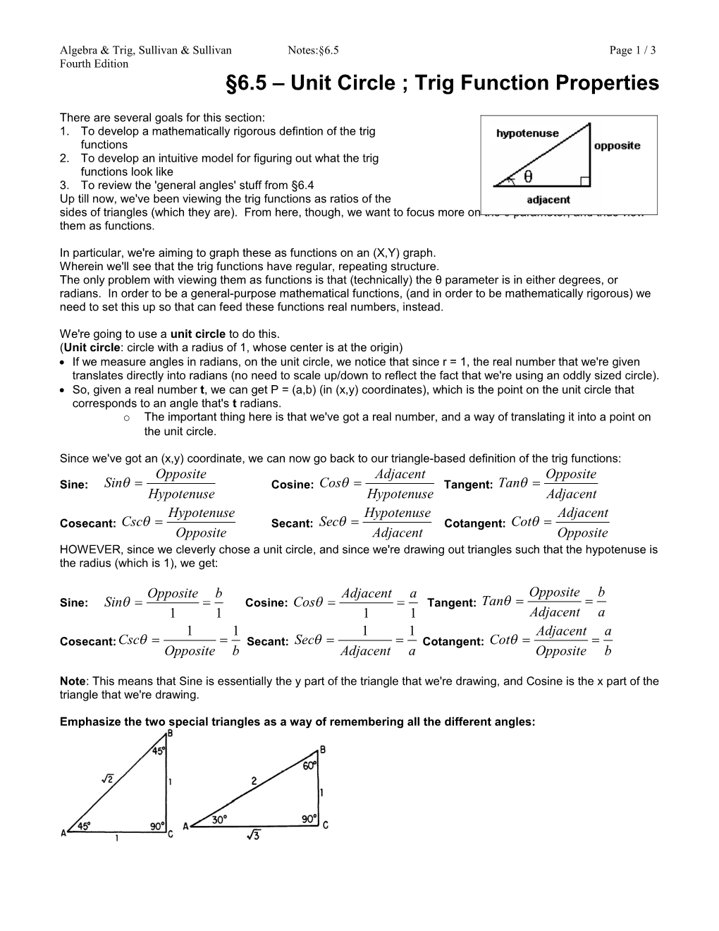 6.5 Unit Circle ; Trig Function Properties