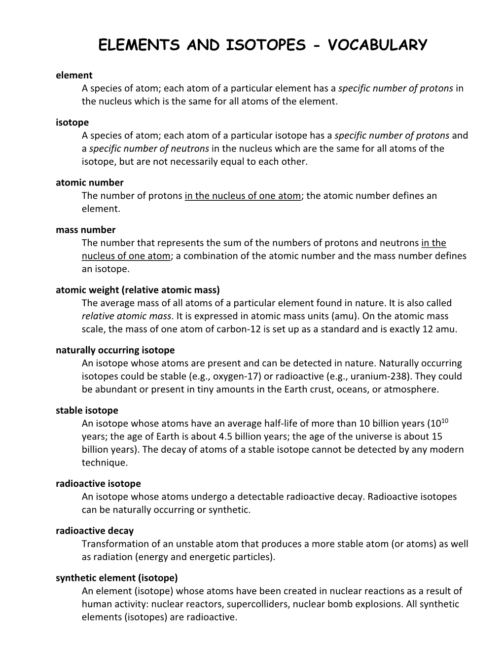 Elements and Isotopes