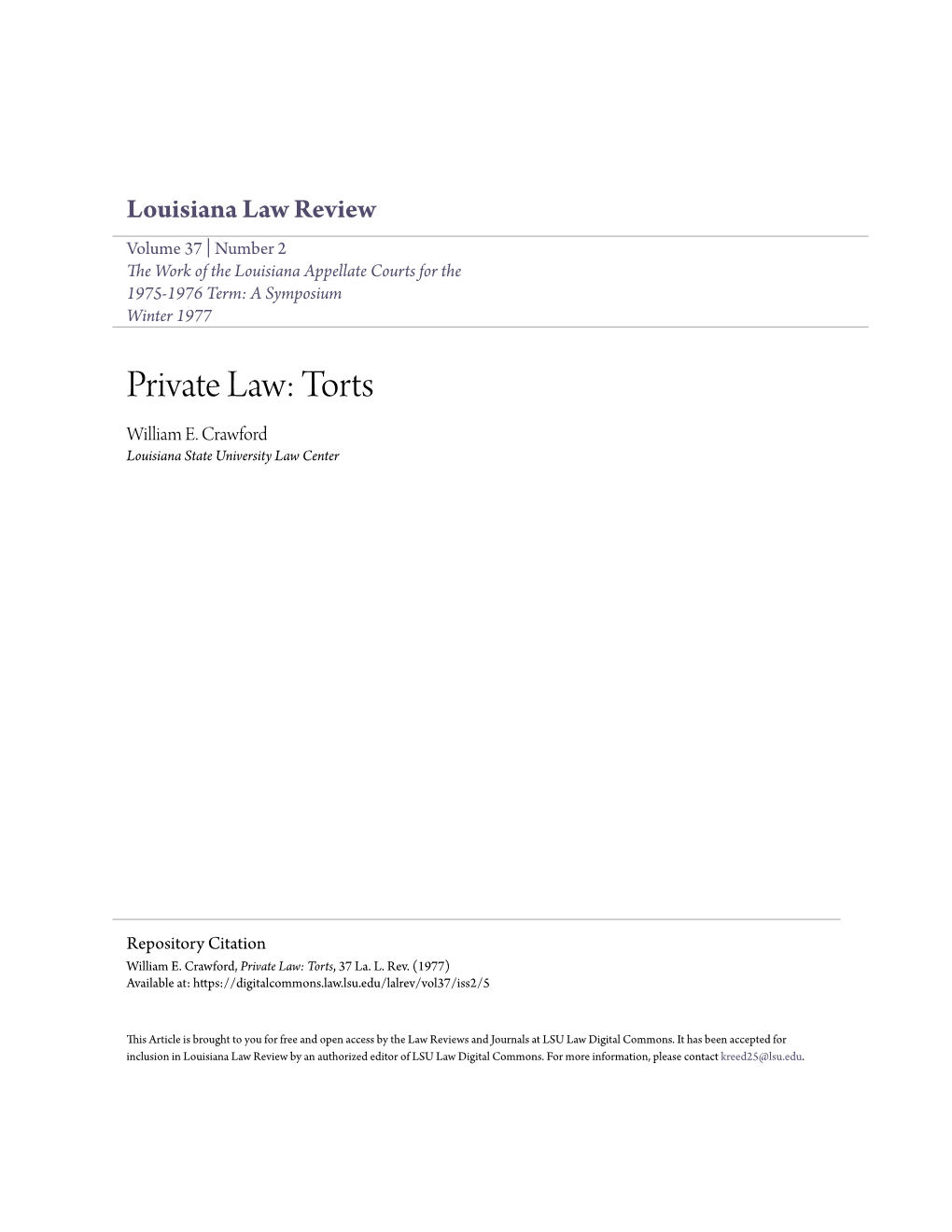 Private Law: Torts William E