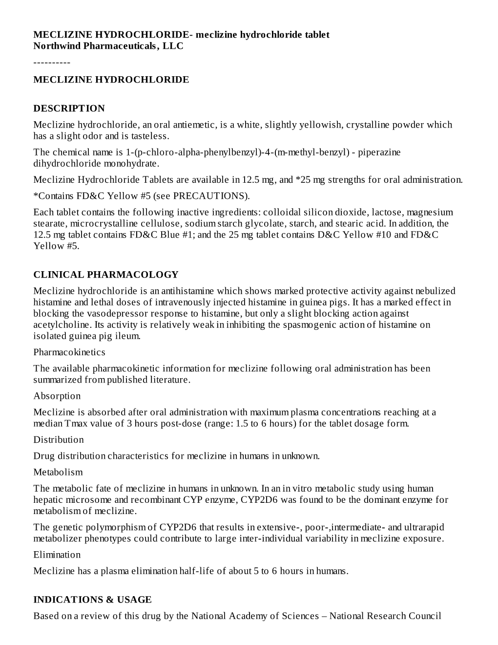 MECLIZINE HYDROCHLORIDE- Meclizine Hydrochloride Tablet Northwind Pharmaceuticals, LLC ------MECLIZINE HYDROCHLORIDE