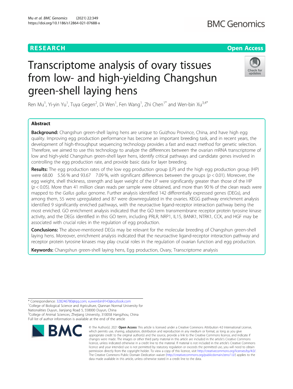 Transcriptome Analysis of Ovary Tissues from Low- and High-Yielding