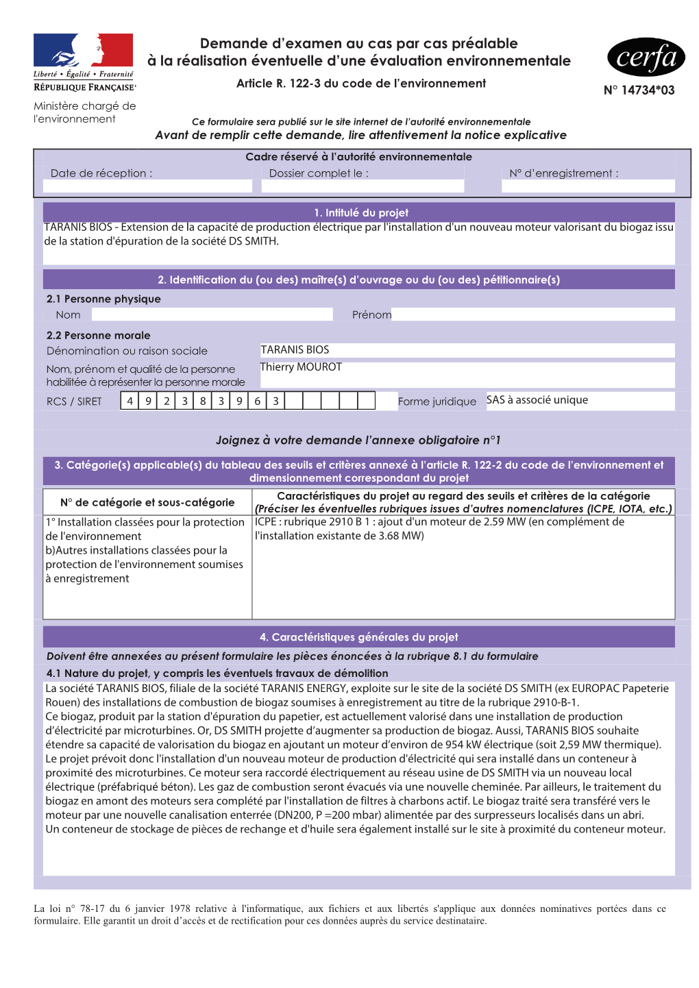 TARANIS BIOS À Oissel Cas Par Cas CERFA Et Annexes