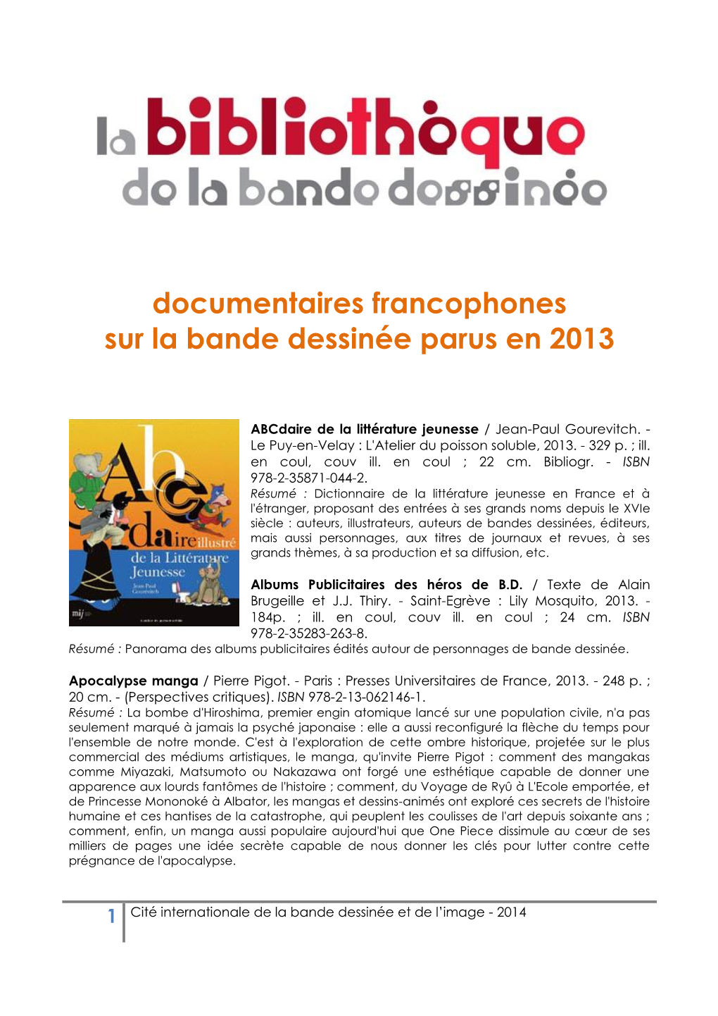 Documentaires Francophones Sur La Bande Dessinée Parus En 2013