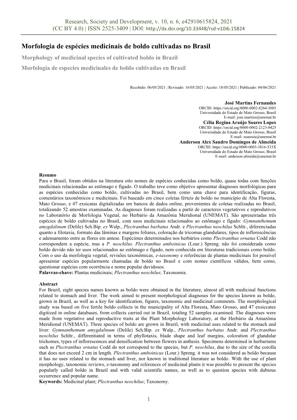 Morfologia De Espécies Medicinais De Boldo Cultivadas No Brasil