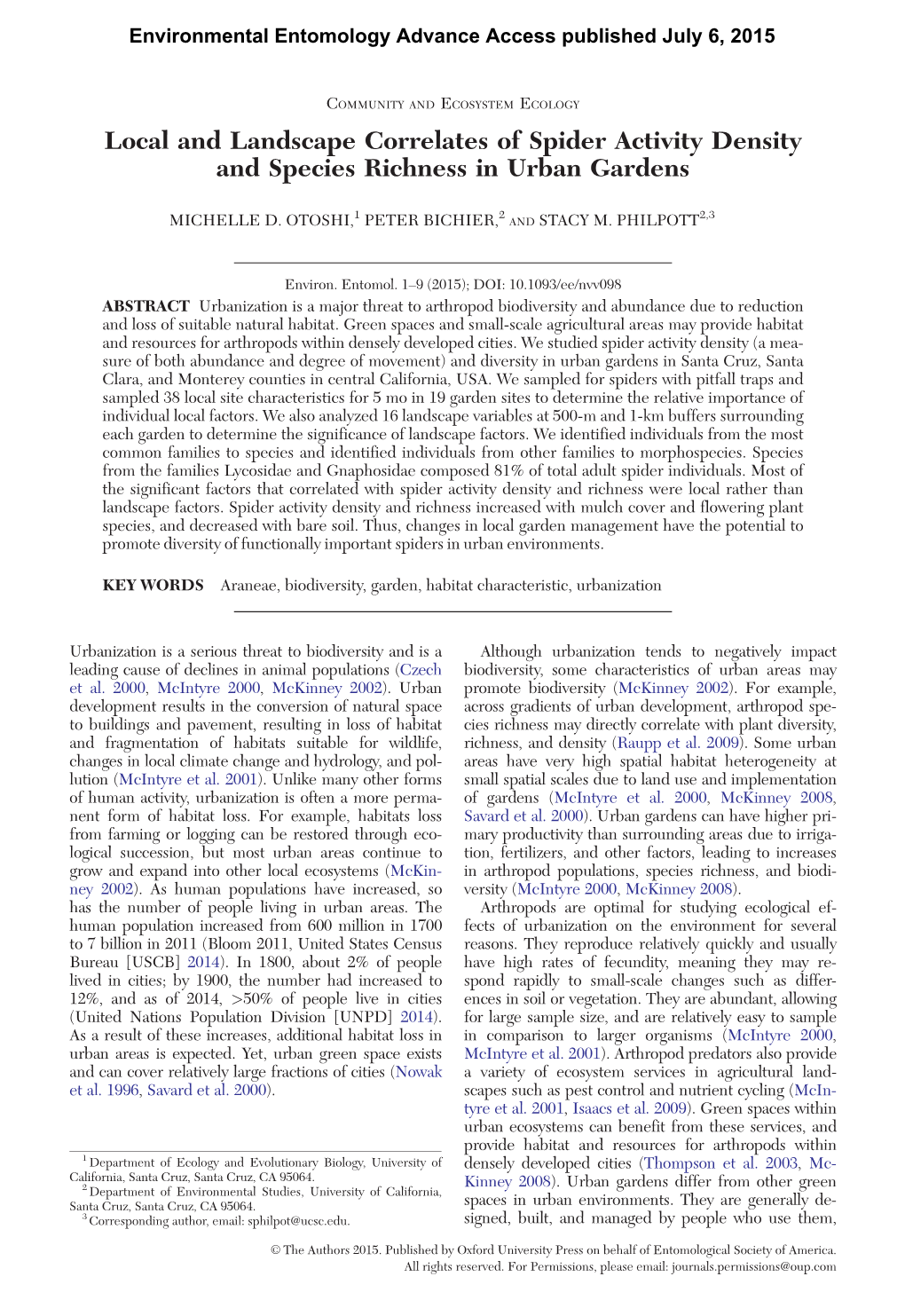 Local and Landscape Correlates of Spider Activity Density and Species Richness in Urban Gardens