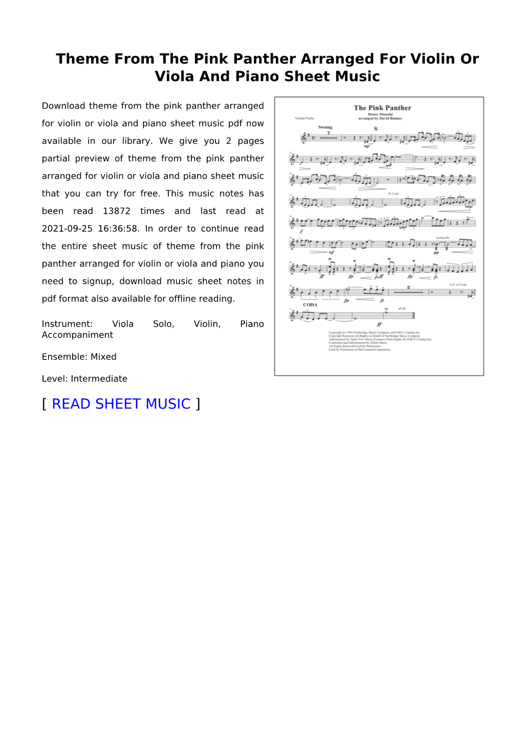 Sheet Music of Theme from the Pink Panther Arranged for Violin Or Viola