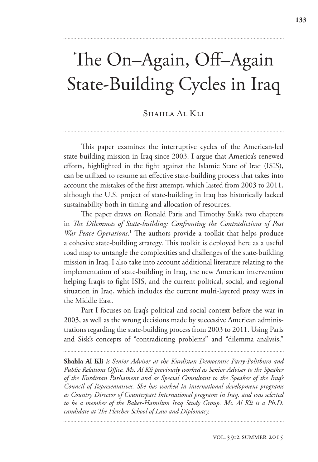 The On–Again, Off–Again State-Building Cycles in Iraq