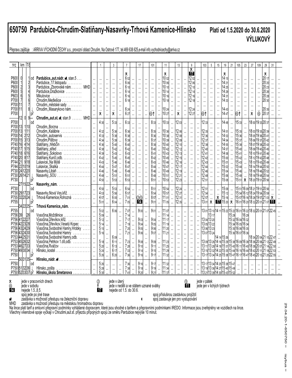 650750 Pardubice-Chrudim-Slatinˇany-Nasavrky-Trhová Kamenice-Hlinsko Platí Od 1.5.2020 Do 30.6.2020 VÝLUKOVÝ