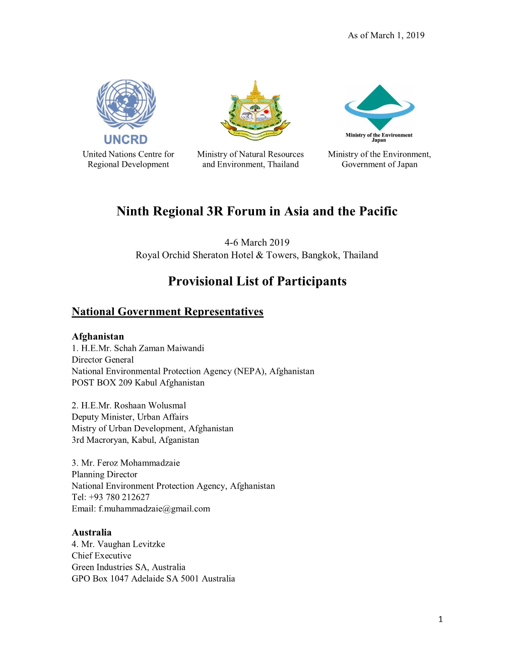 Ninth Regional 3R Forum in Asia and the Pacific Provisional List Of