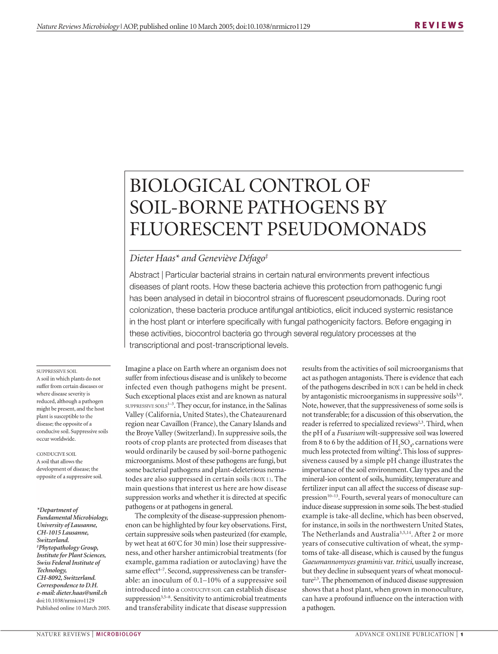 Biological Control of Soil-Borne Pathogens by Fluorescent Pseudomonads