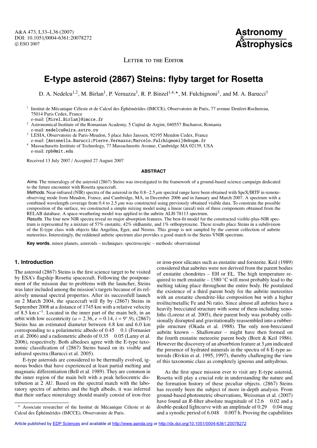 E-Type Asteroid (2867) Steins: Flyby Target for Rosetta