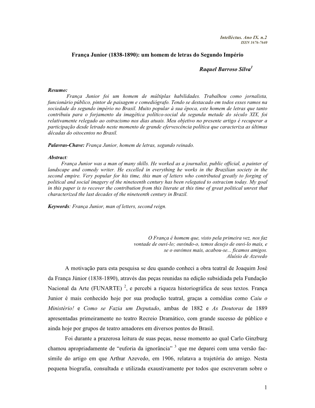 1 França Junior (1838-1890): Um Homem De Letras Do Segundo