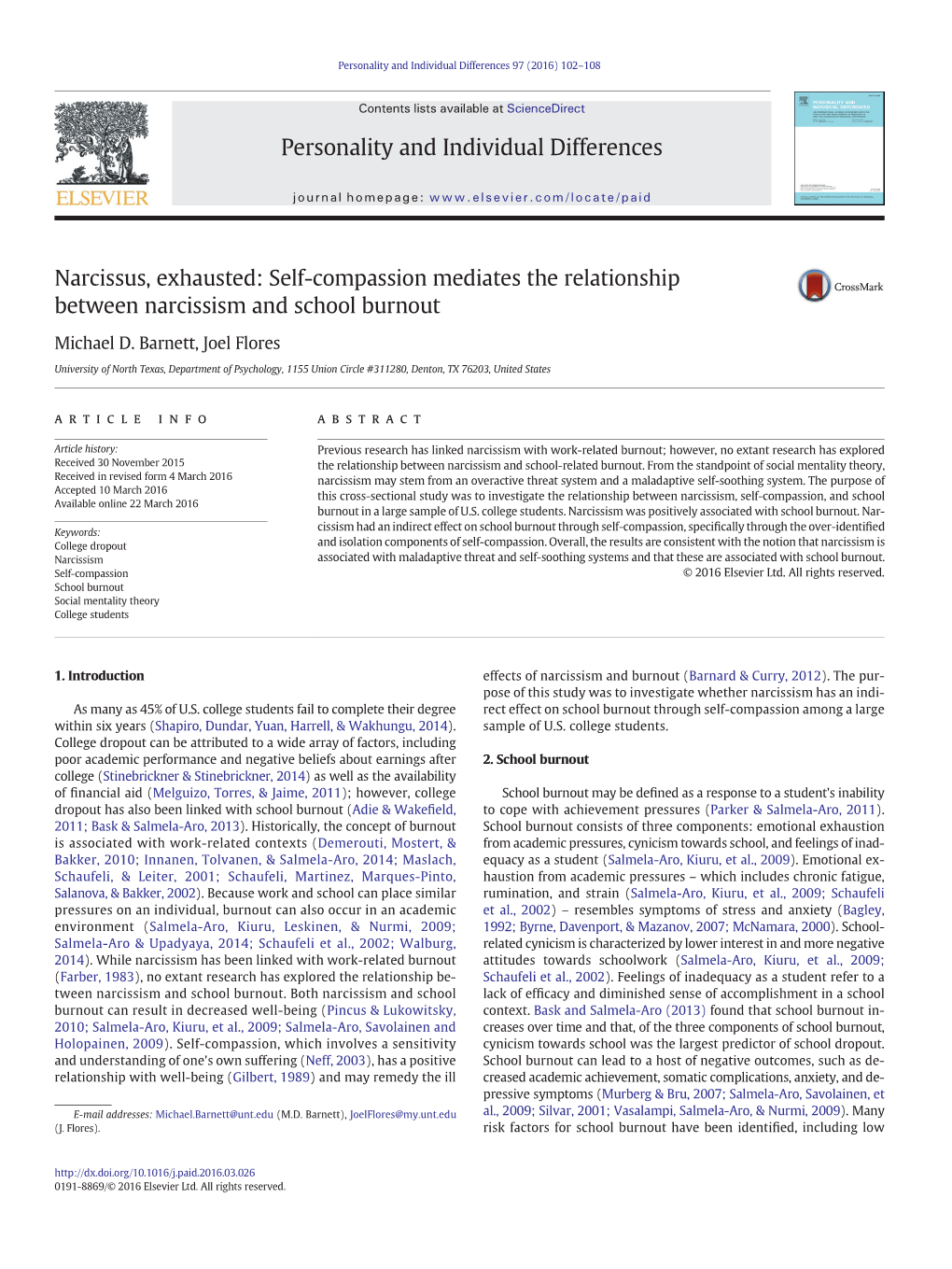 Narcissus, Exhausted: Self-Compassion Mediates the Relationship Between Narcissism and School Burnout