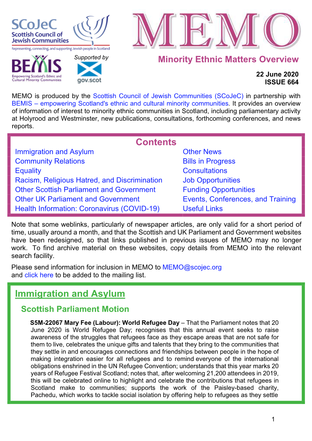 MEMO Is Produced by the Scottish Council of Jewish Communities (Scojec) in Partnership with BEMIS – Empowering Scotland's Ethnic and Cultural Minority Communities