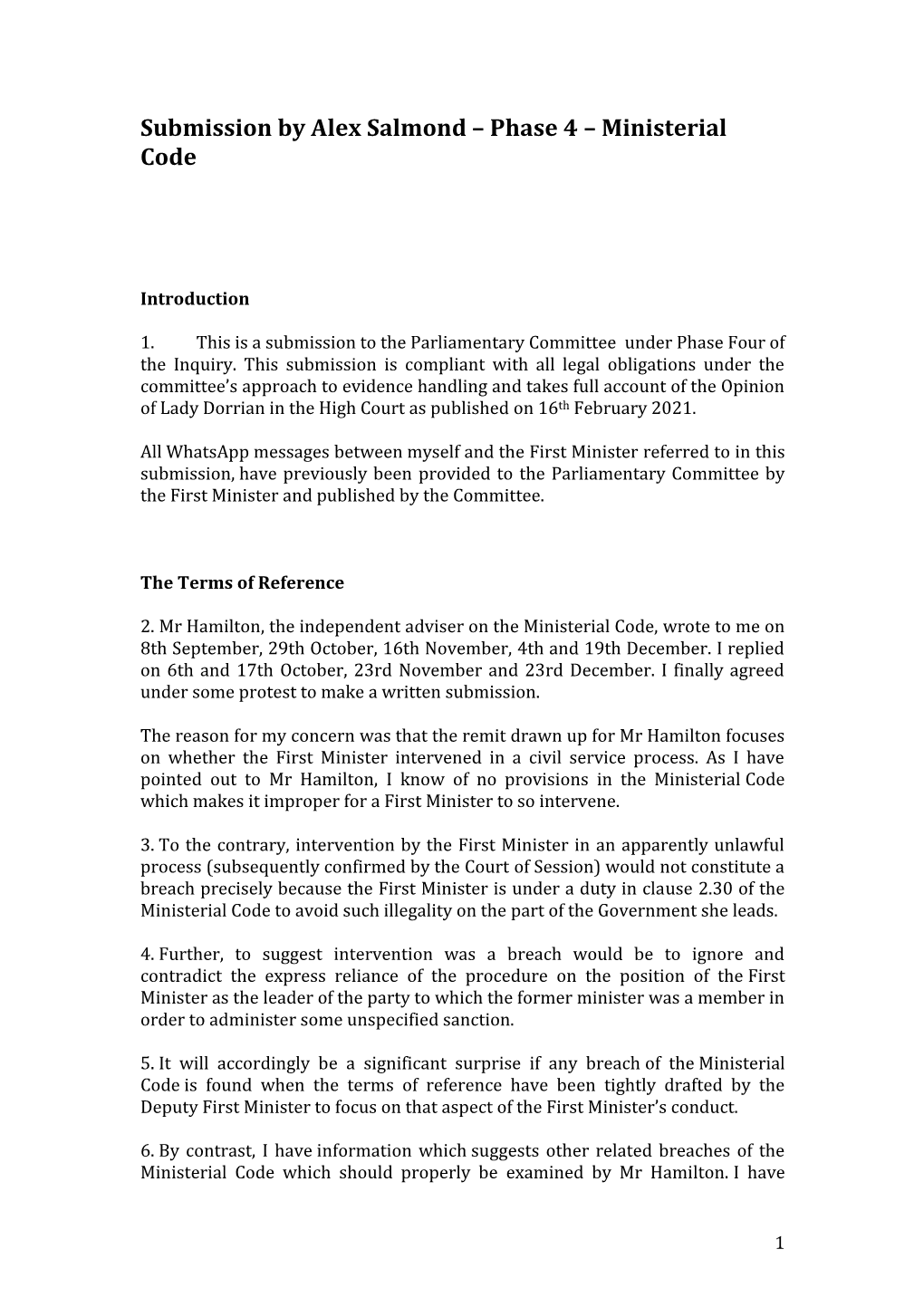 Submission by Alex Salmond – Phase 4 – Ministerial Code