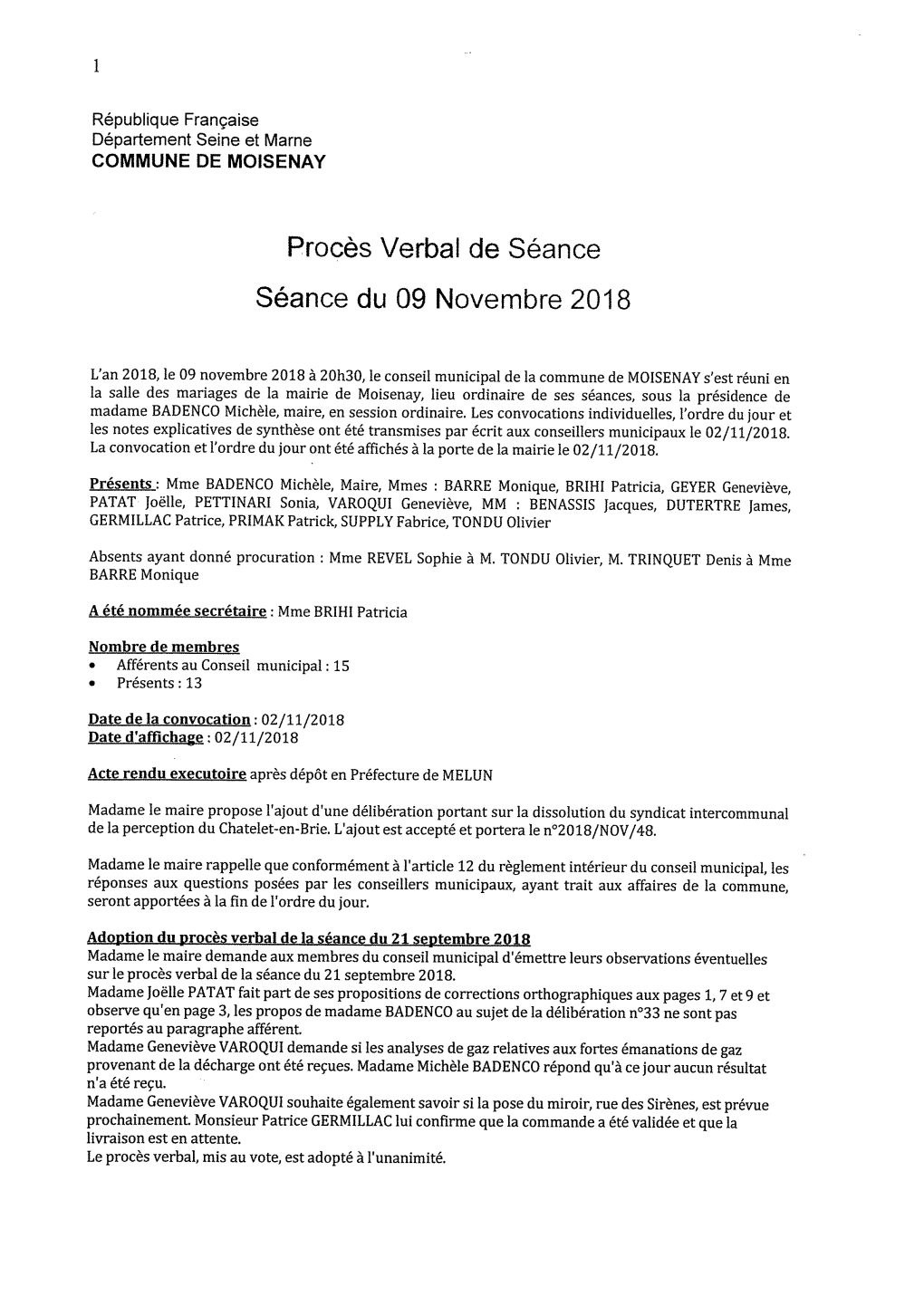 Procès Verbal De Séance Séance Du 09 Novembre 2018