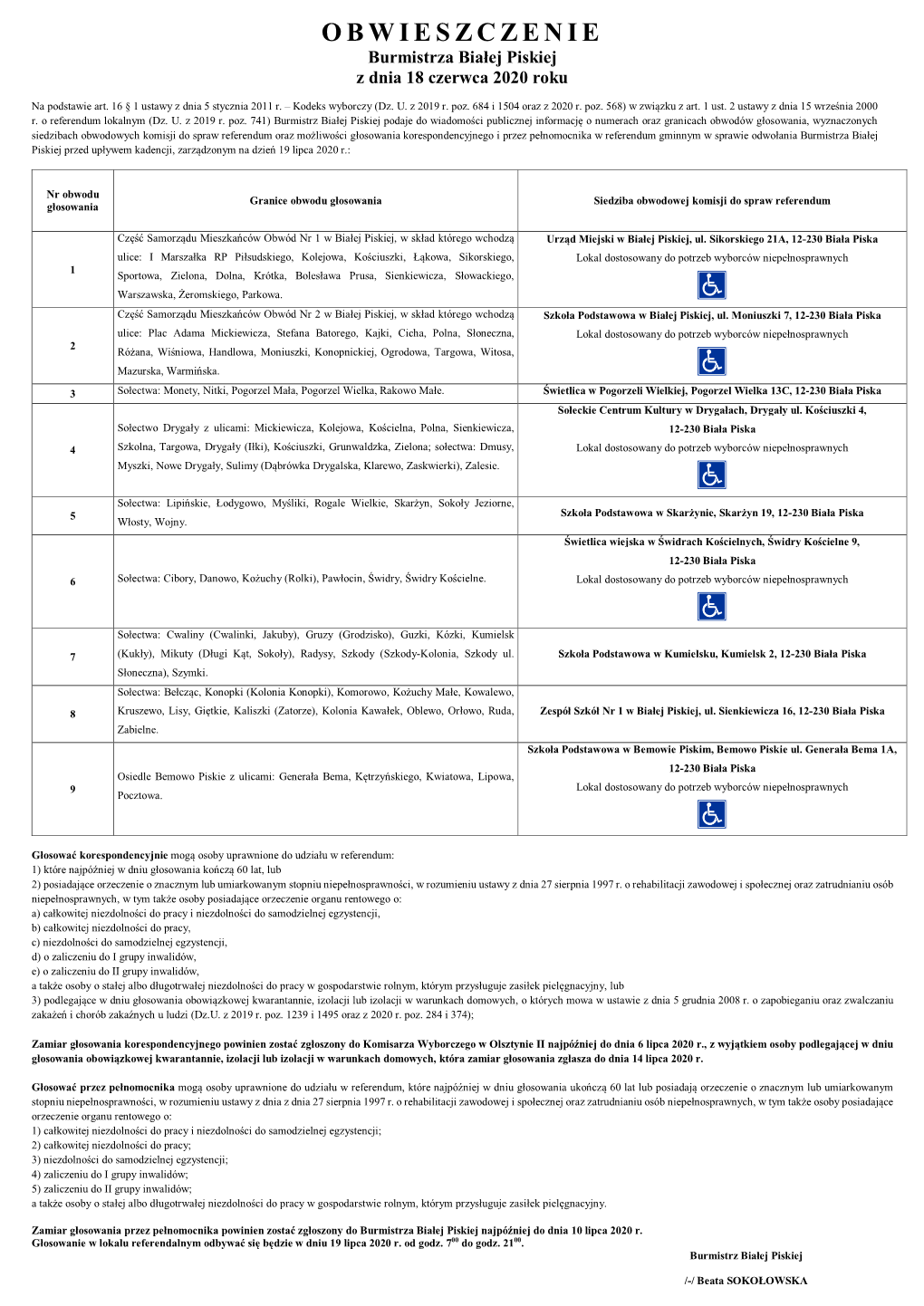 OBWIESZCZENIE Burmistrza Białej Piskiej Z Dnia 18 Czerwca 2020 Roku