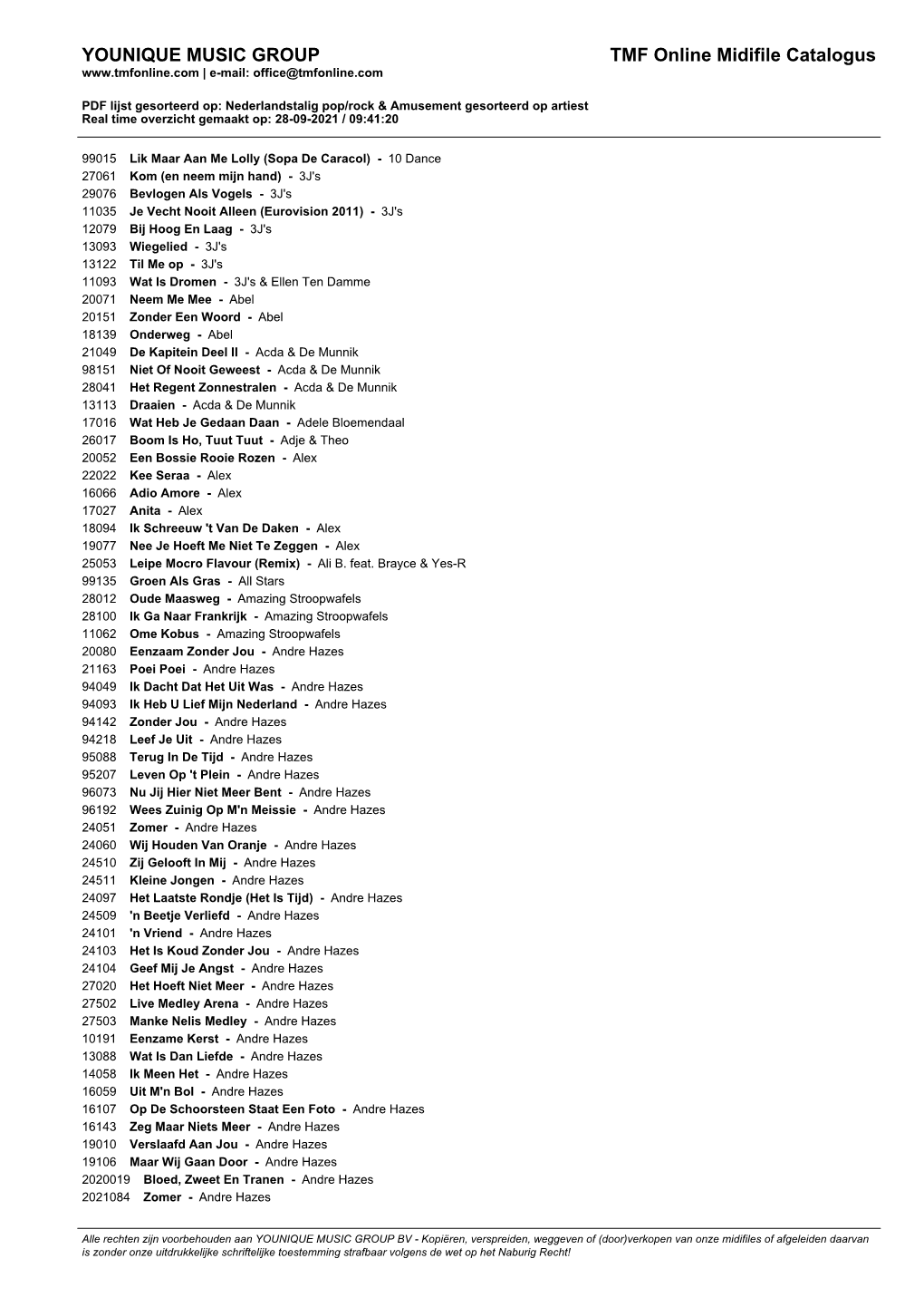 YMG/TMF Online MIDI Catalogue Sorted on Songtitle