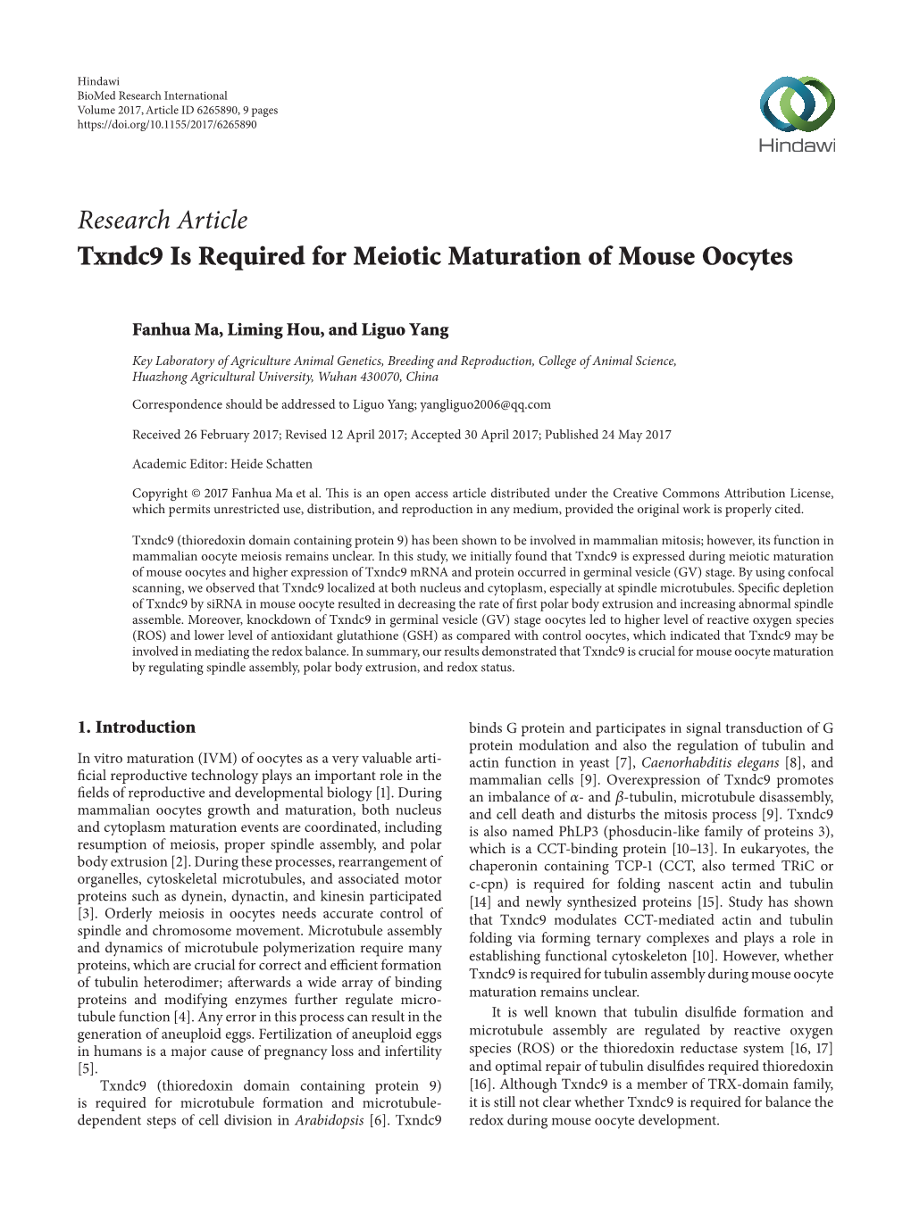 Txndc9 Is Required for Meiotic Maturation of Mouse Oocytes