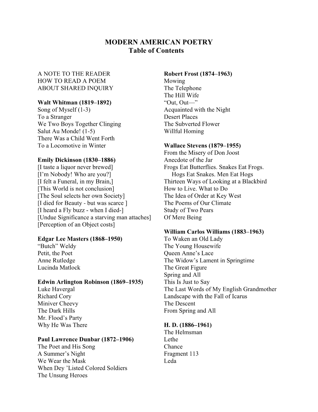 MODERN AMERICAN POETRY Table of Contents