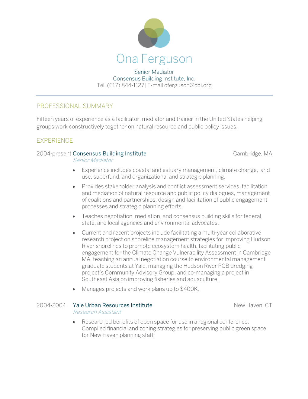 Ona Ferguson Senior Mediator Consensus Building Institute, Inc