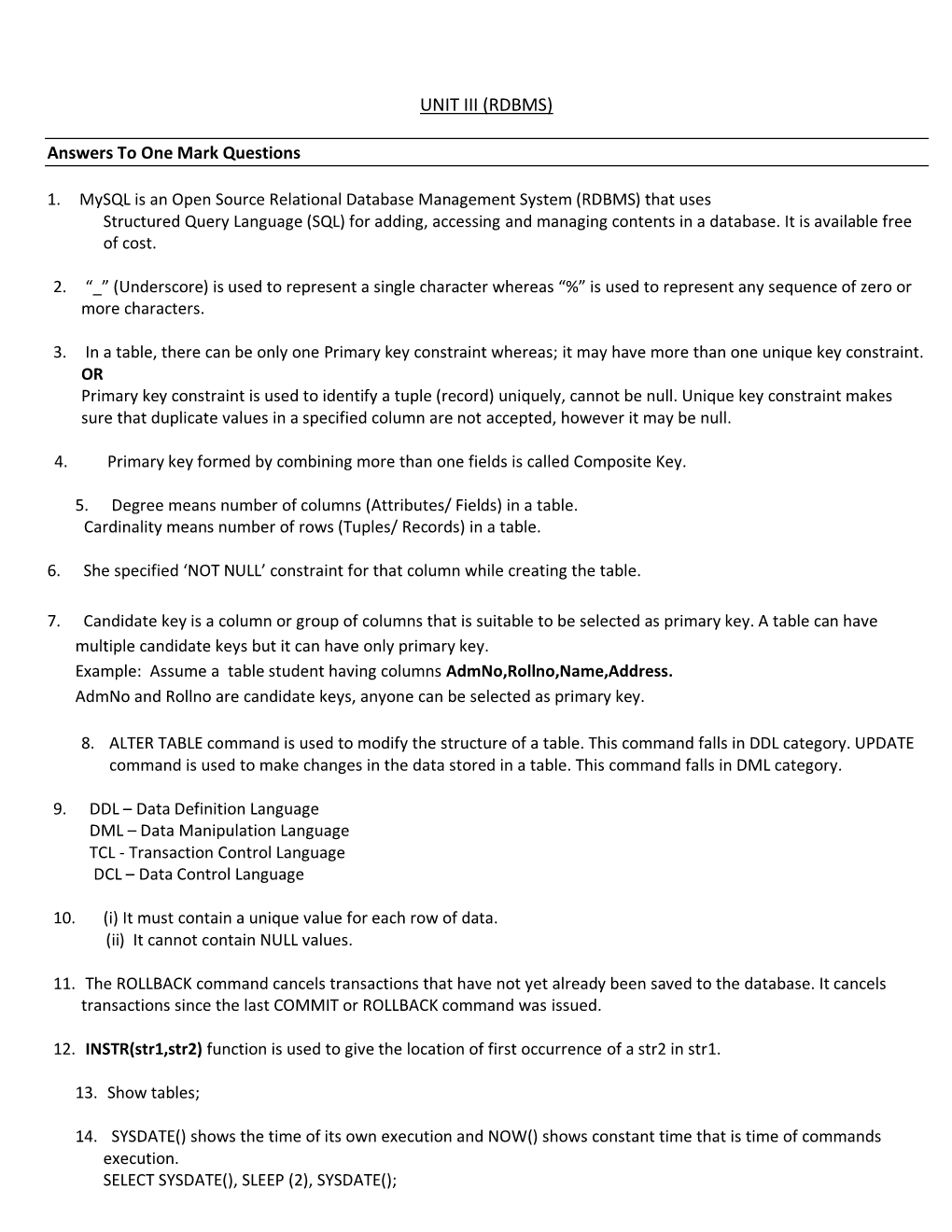 UNIT III (RDBMS) Answers to One Mark Questions