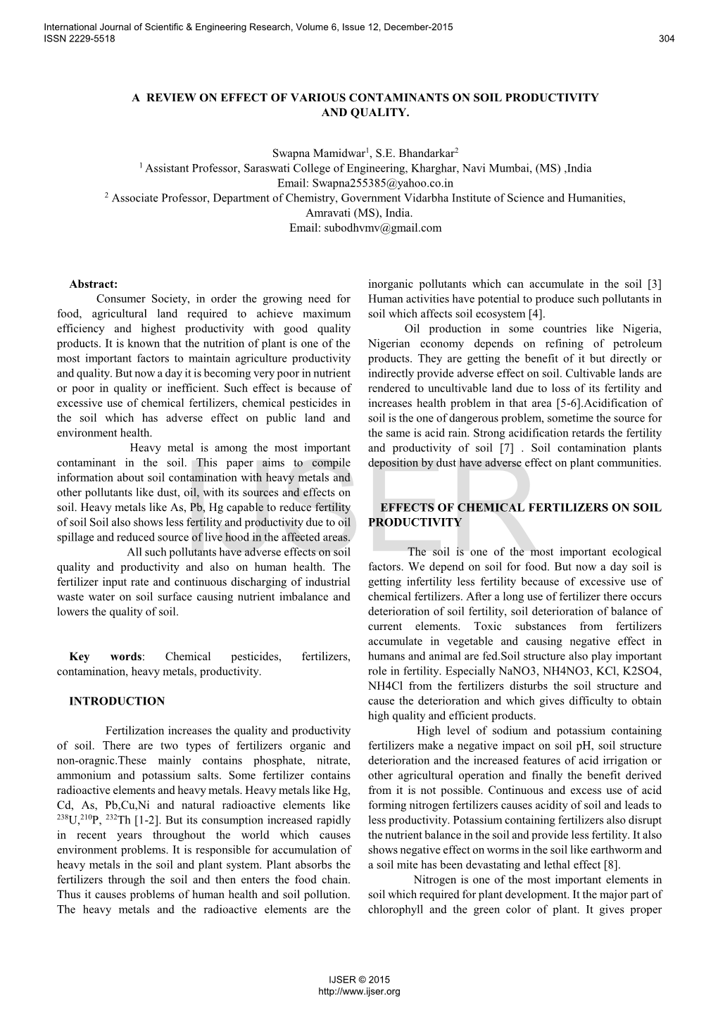 A Review on Effect of Various Contaminants on Soil Productivity and Quality