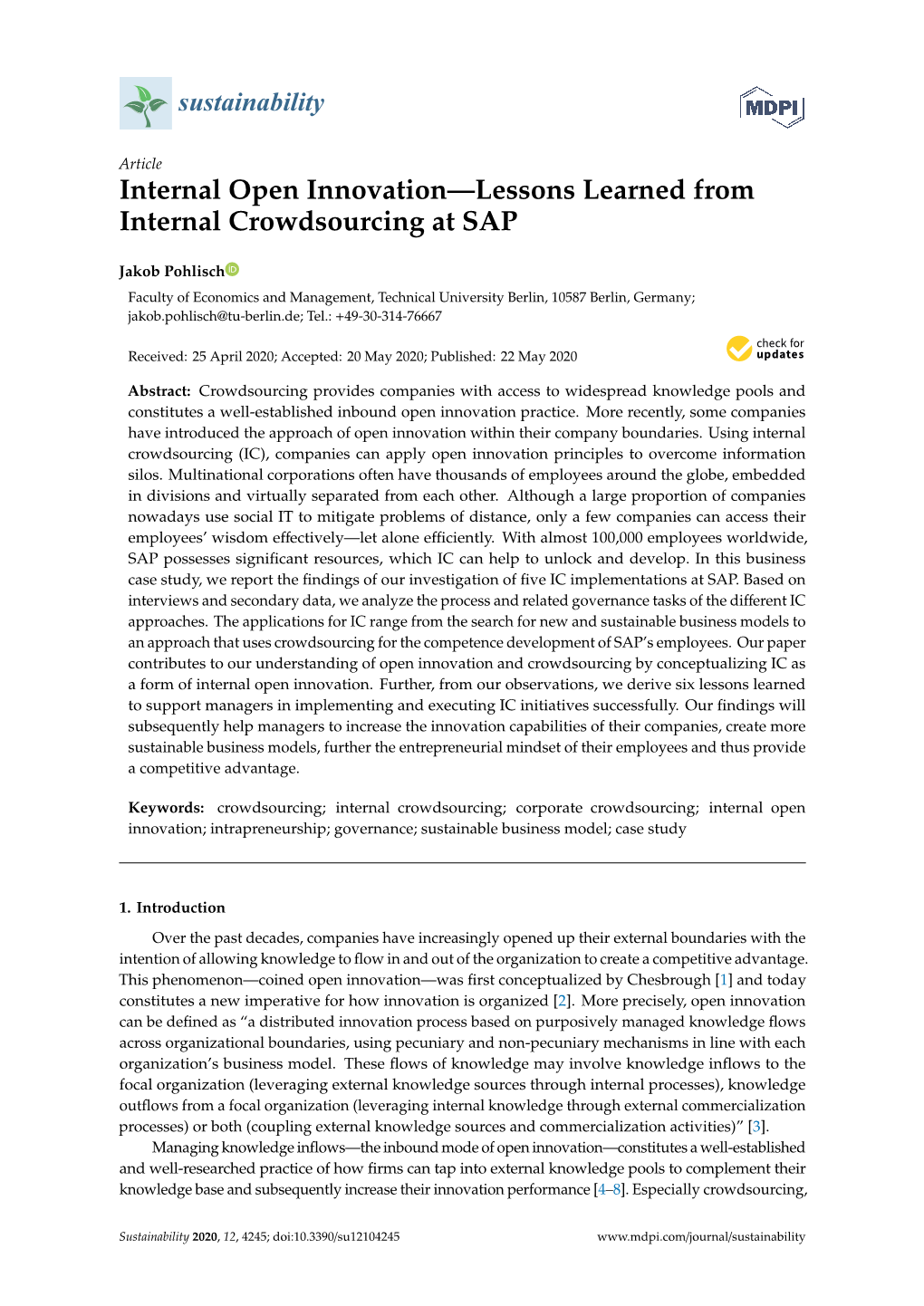 Internal Open Innovation—Lessons Learned from Internal Crowdsourcing at SAP