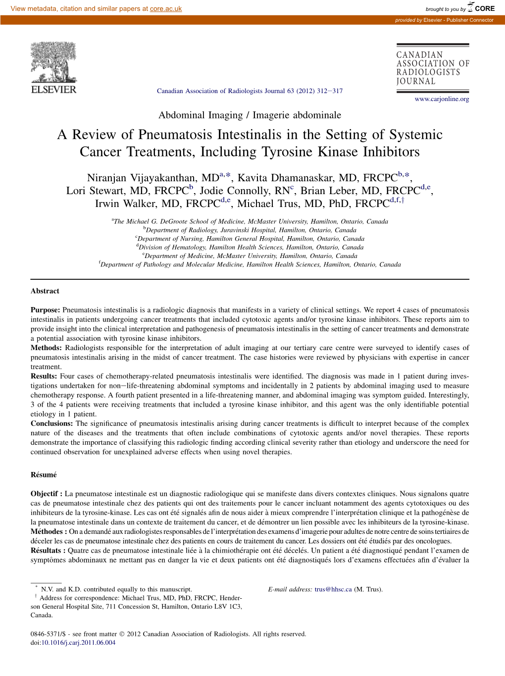 A Review of Pneumatosis Intestinalis in the Setting of Systemic Cancer Treatments, Including Tyrosine Kinase Inhibitors