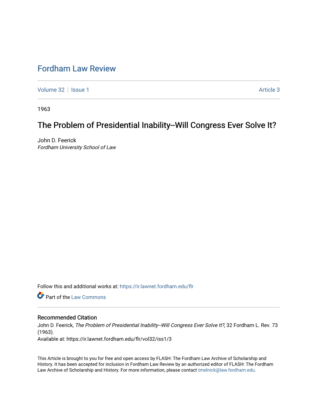 The Problem of Presidential Inability--Will Congress Ever Solve It?